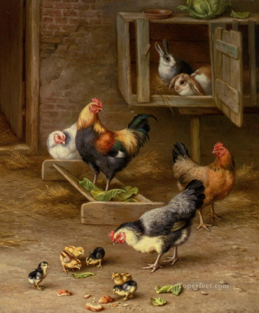 Hunt Edgar Chicks Chickens And Rabbits in a Hutch 1925 Oil Paintings